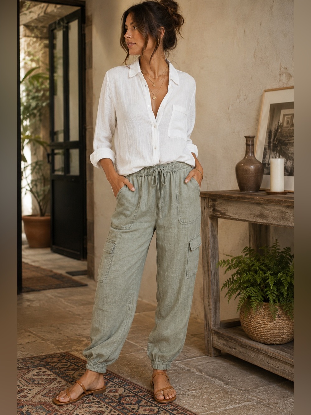 Artisan NY Linen Cargo Elastic waist Jogger Pants Sage Green Utility Relaxed Fit